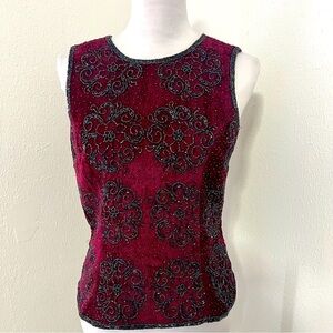 Vintage Paradise NY Medium Wine Color Embellished Sleeveless Lined Back Zip Top